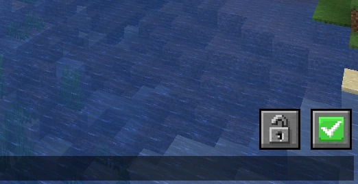 Minecraft chat screen over a rainy ocean at night, with No Chat Reports' padlock and green checkmark status buttons in the corner