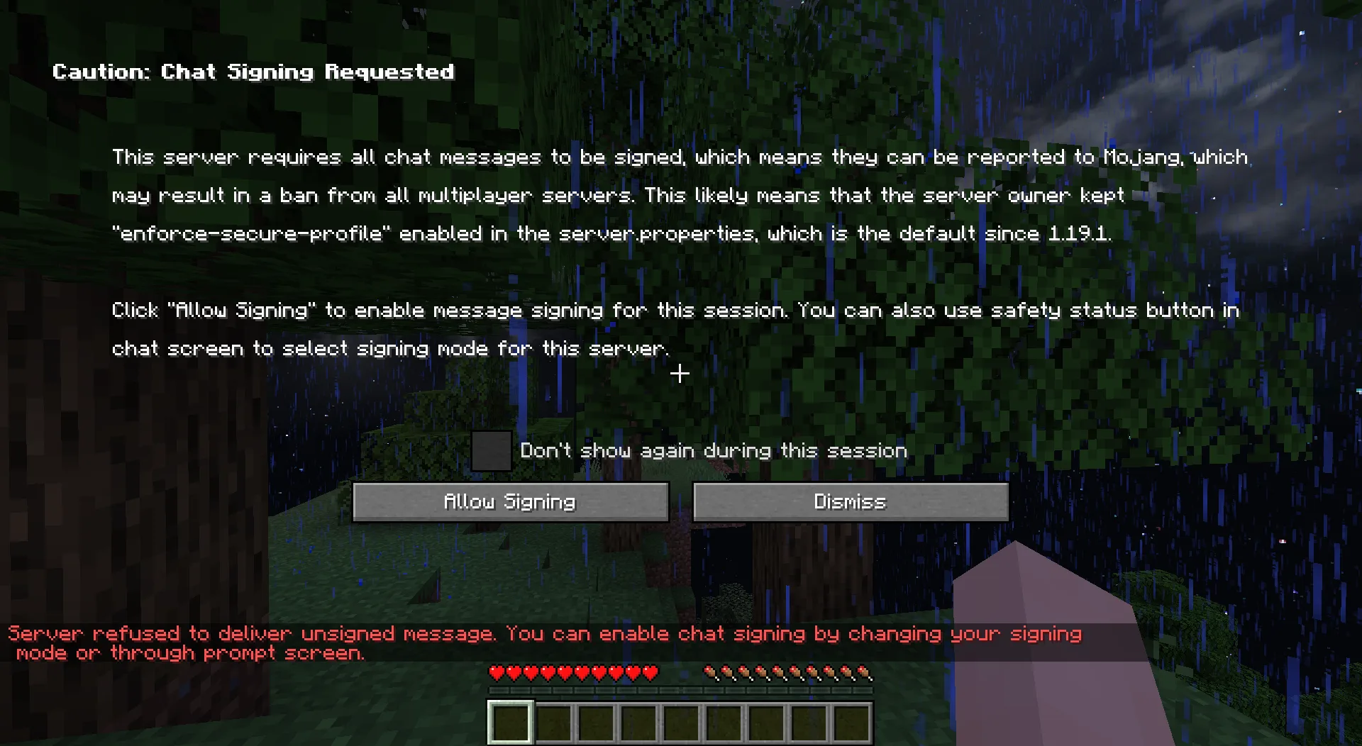 Full-screen 'Caution: Chat Signing Requested' warning from No Chat Reports on a rainy night server, offering Allow Signing and Dismiss buttons